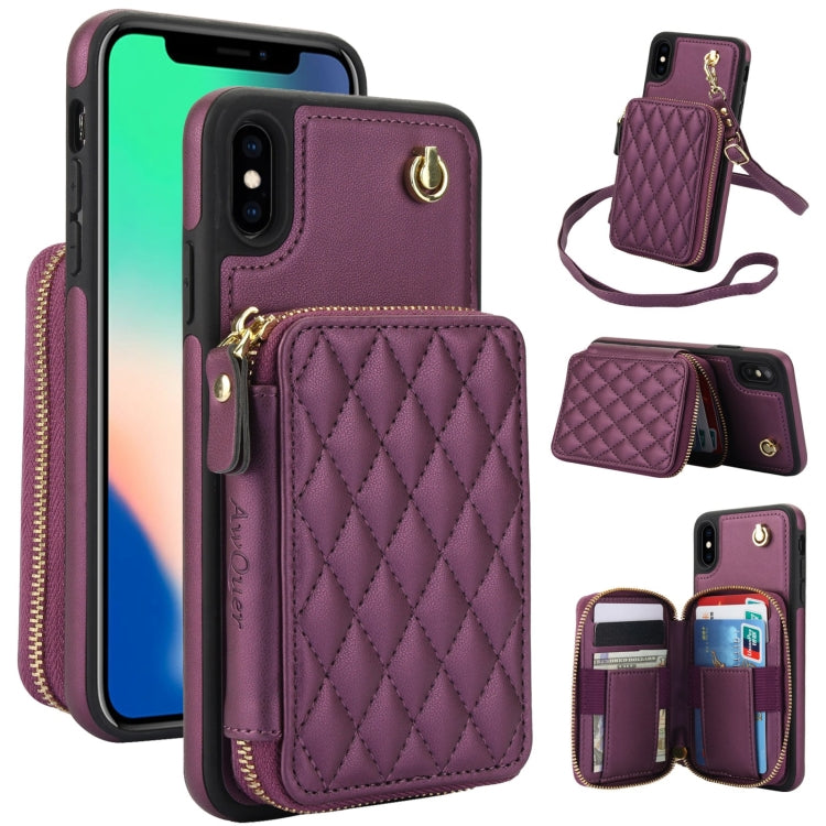 For iPhone XS Max AwQuer Crossbody Zipper Wallet Rhombic Leather Back Phone Case(Dark Purple) - More iPhone Cases by Awquer | Online Shopping UK | buy2fix