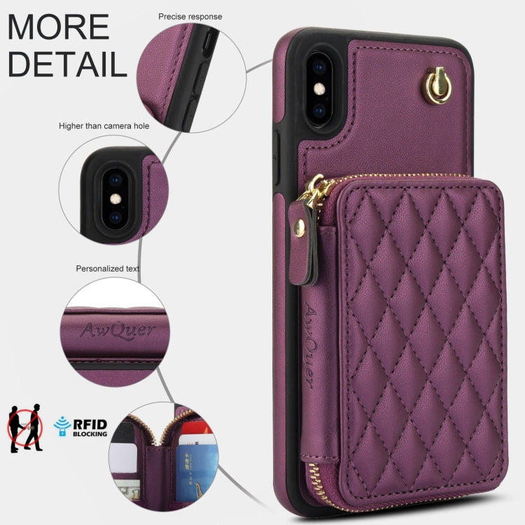 For iPhone XS Max AwQuer Crossbody Zipper Wallet Rhombic Leather Back Phone Case(Dark Purple) - More iPhone Cases by Awquer | Online Shopping UK | buy2fix