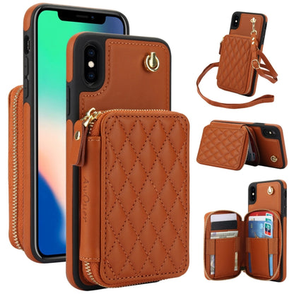 For iPhone XS Max AwQuer Crossbody Zipper Wallet Rhombic Leather Back Phone Case(Brown) - More iPhone Cases by Awquer | Online Shopping UK | buy2fix