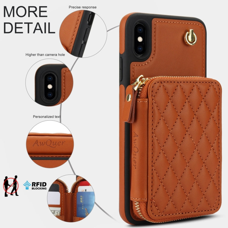 For iPhone XS Max AwQuer Crossbody Zipper Wallet Rhombic Leather Back Phone Case(Brown) - More iPhone Cases by Awquer | Online Shopping UK | buy2fix