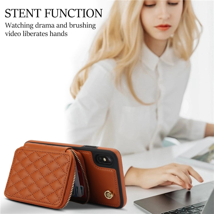 For iPhone XS Max AwQuer Crossbody Zipper Wallet Rhombic Leather Back Phone Case(Brown) - More iPhone Cases by Awquer | Online Shopping UK | buy2fix