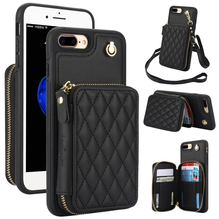 For iPhone 7 Plus / 8 Plus AwQuer Crossbody Zipper Wallet Rhombic Leather Back Phone Case(Black) - More iPhone Cases by Awquer | Online Shopping UK | buy2fix