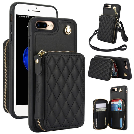 For iPhone 7 Plus / 8 Plus AwQuer Crossbody Zipper Wallet Rhombic Leather Back Phone Case(Black) - More iPhone Cases by Awquer | Online Shopping UK | buy2fix