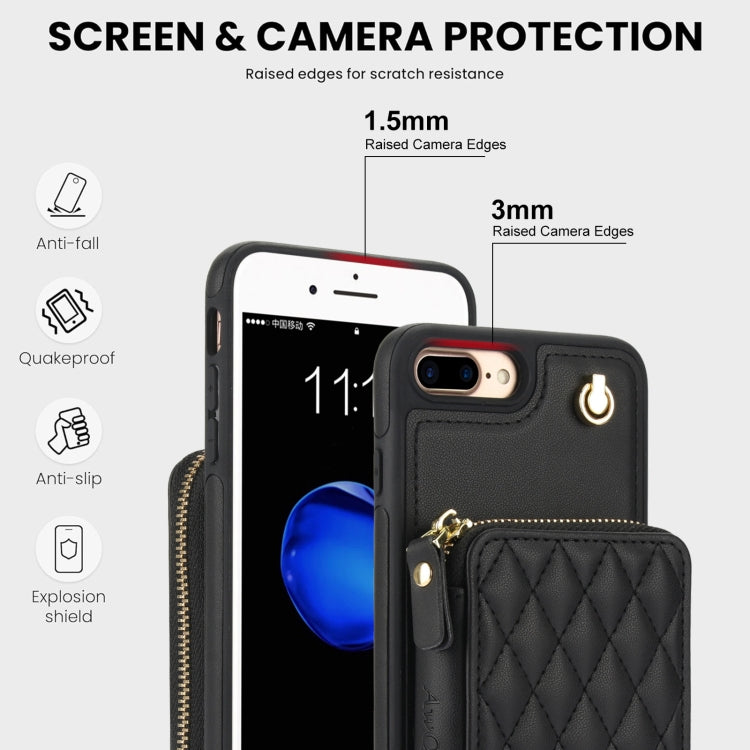For iPhone 7 Plus / 8 Plus AwQuer Crossbody Zipper Wallet Rhombic Leather Back Phone Case(Black) - More iPhone Cases by Awquer | Online Shopping UK | buy2fix