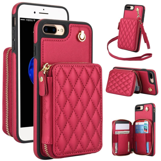 For iPhone 7 Plus / 8 Plus AwQuer Crossbody Zipper Wallet Rhombic Leather Back Phone Case(Red) - More iPhone Cases by Awquer | Online Shopping UK | buy2fix