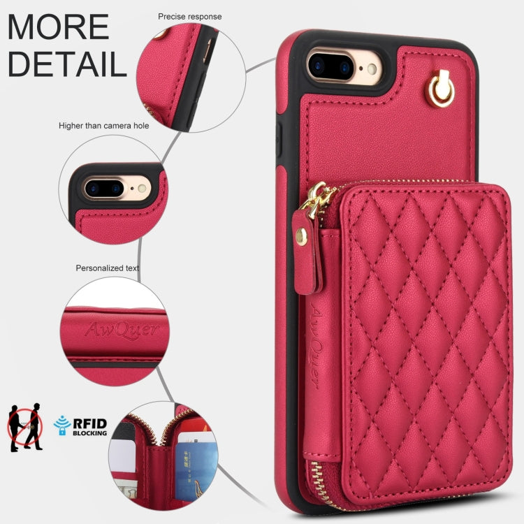 For iPhone 7 Plus / 8 Plus AwQuer Crossbody Zipper Wallet Rhombic Leather Back Phone Case(Red) - More iPhone Cases by Awquer | Online Shopping UK | buy2fix