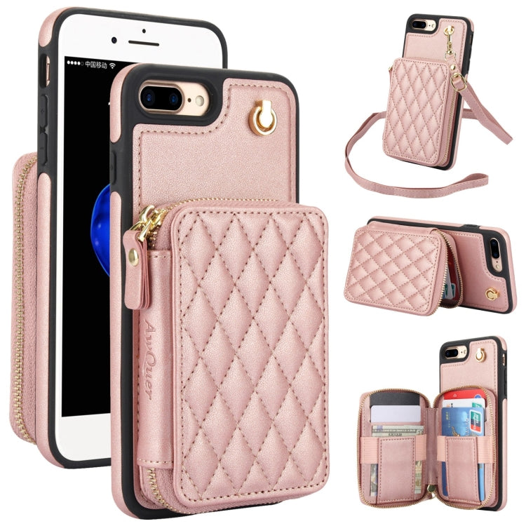 For iPhone 7 Plus / 8 Plus AwQuer Crossbody Zipper Wallet Rhombic Leather Back Phone Case(Rose Gold) - More iPhone Cases by Awquer | Online Shopping UK | buy2fix