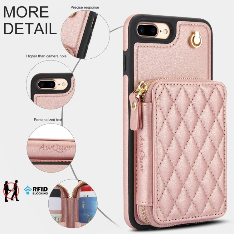 For iPhone 7 Plus / 8 Plus AwQuer Crossbody Zipper Wallet Rhombic Leather Back Phone Case(Rose Gold) - More iPhone Cases by Awquer | Online Shopping UK | buy2fix