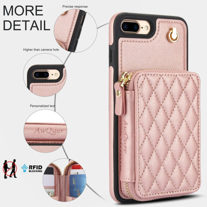 For iPhone 7 Plus / 8 Plus AwQuer Crossbody Zipper Wallet Rhombic Leather Back Phone Case(Rose Gold) - More iPhone Cases by Awquer | Online Shopping UK | buy2fix