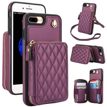 For iPhone 7 Plus / 8 Plus AwQuer Crossbody Zipper Wallet Rhombic Leather Back Phone Case(Dark Purple) - More iPhone Cases by Awquer | Online Shopping UK | buy2fix