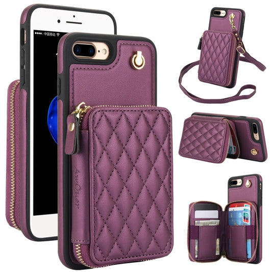 For iPhone 7 Plus / 8 Plus AwQuer Crossbody Zipper Wallet Rhombic Leather Back Phone Case(Dark Purple) - More iPhone Cases by Awquer | Online Shopping UK | buy2fix