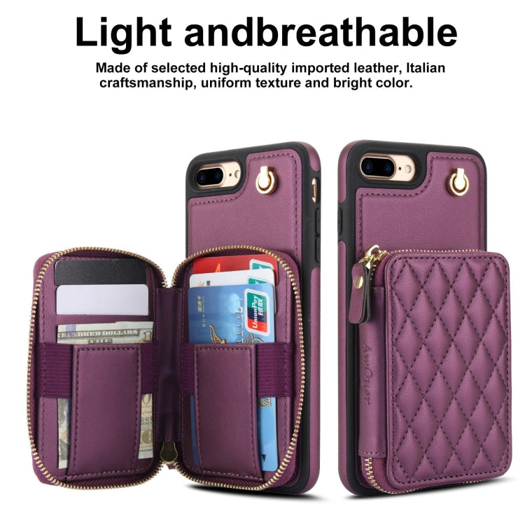 For iPhone 7 Plus / 8 Plus AwQuer Crossbody Zipper Wallet Rhombic Leather Back Phone Case(Dark Purple) - More iPhone Cases by Awquer | Online Shopping UK | buy2fix