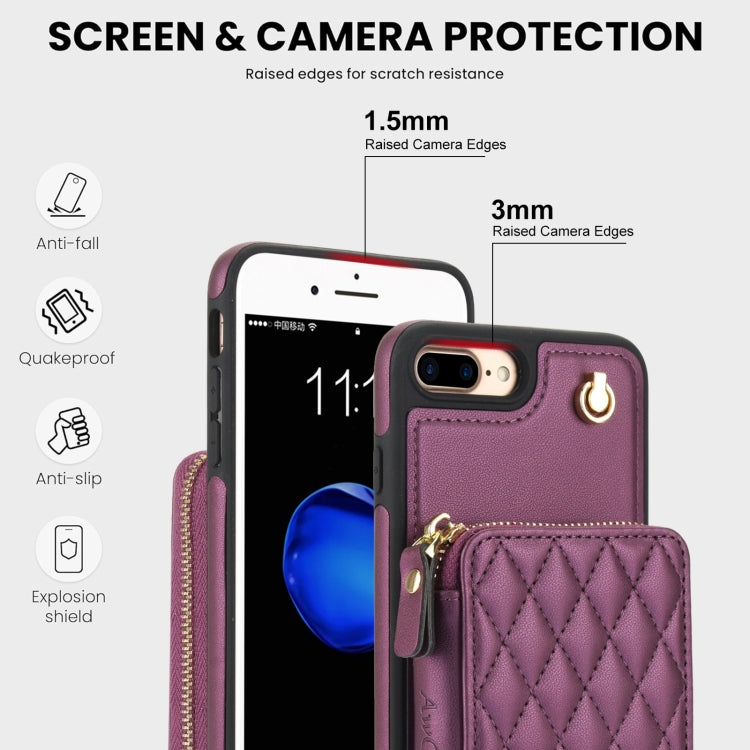 For iPhone 7 Plus / 8 Plus AwQuer Crossbody Zipper Wallet Rhombic Leather Back Phone Case(Dark Purple) - More iPhone Cases by Awquer | Online Shopping UK | buy2fix