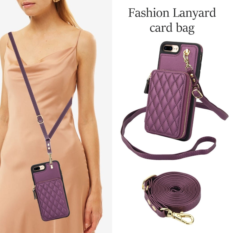 For iPhone 7 Plus / 8 Plus AwQuer Crossbody Zipper Wallet Rhombic Leather Back Phone Case(Dark Purple) - More iPhone Cases by Awquer | Online Shopping UK | buy2fix