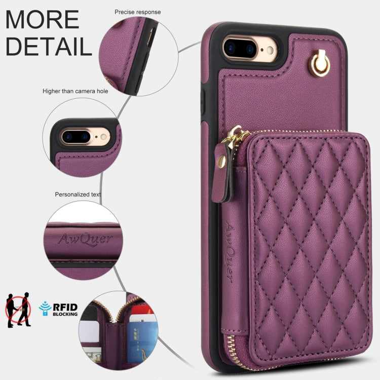 For iPhone 7 Plus / 8 Plus AwQuer Crossbody Zipper Wallet Rhombic Leather Back Phone Case(Dark Purple) - More iPhone Cases by Awquer | Online Shopping UK | buy2fix