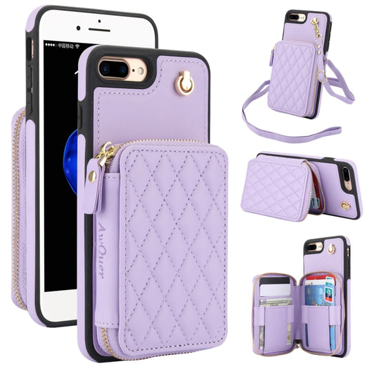 For iPhone 7 Plus / 8 Plus AwQuer Crossbody Zipper Wallet Rhombic Leather Back Phone Case(Purple) - More iPhone Cases by Awquer | Online Shopping UK | buy2fix