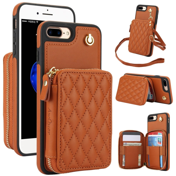 For iPhone 7 Plus / 8 Plus AwQuer Crossbody Zipper Wallet Rhombic Leather Back Phone Case(Brown) - More iPhone Cases by Awquer | Online Shopping UK | buy2fix