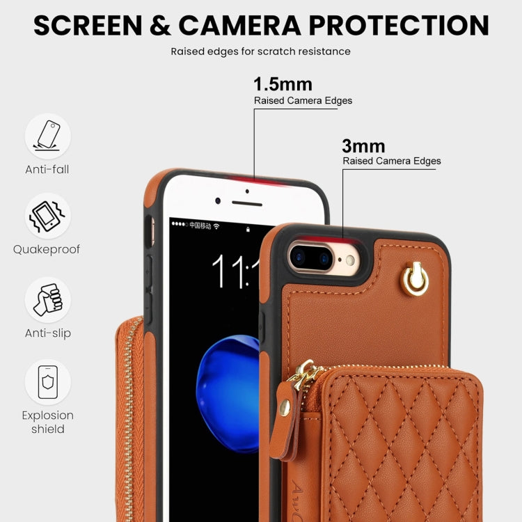 For iPhone 7 Plus / 8 Plus AwQuer Crossbody Zipper Wallet Rhombic Leather Back Phone Case(Brown) - More iPhone Cases by Awquer | Online Shopping UK | buy2fix