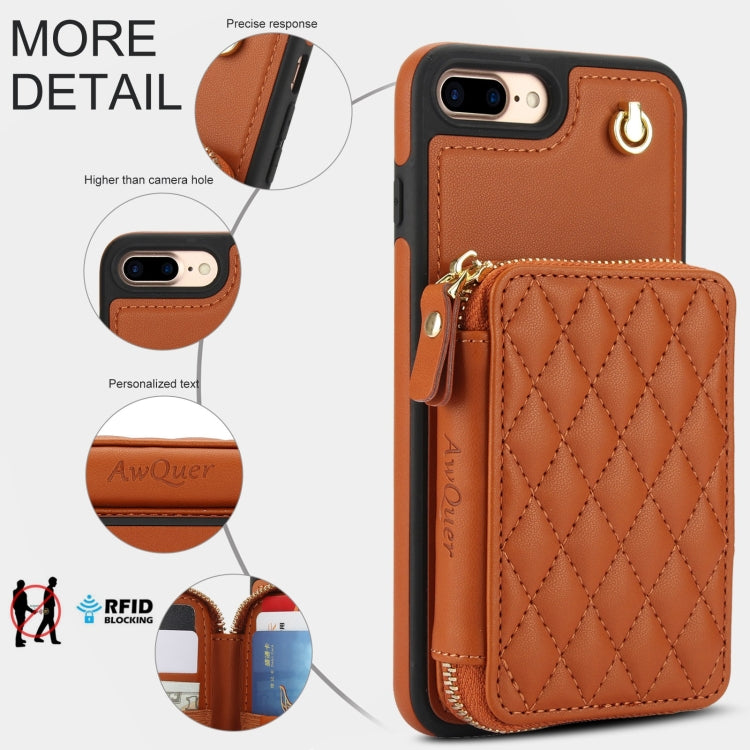 For iPhone 7 Plus / 8 Plus AwQuer Crossbody Zipper Wallet Rhombic Leather Back Phone Case(Brown) - More iPhone Cases by Awquer | Online Shopping UK | buy2fix