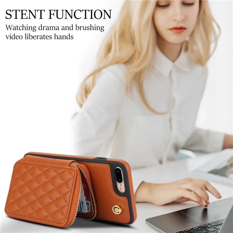 For iPhone 7 Plus / 8 Plus AwQuer Crossbody Zipper Wallet Rhombic Leather Back Phone Case(Brown) - More iPhone Cases by Awquer | Online Shopping UK | buy2fix