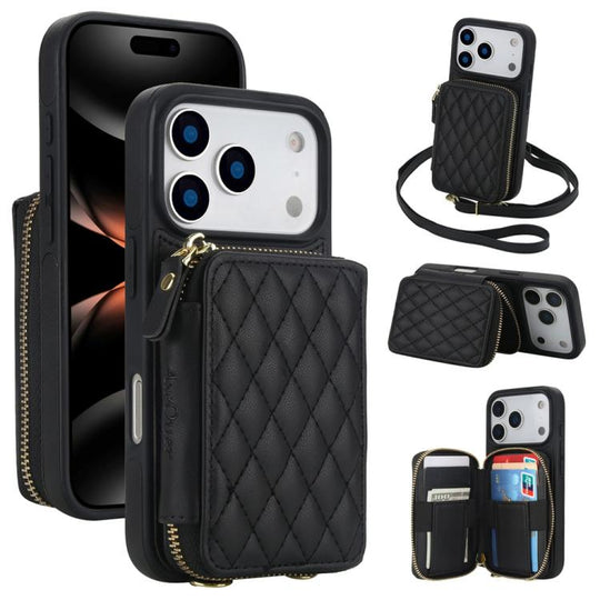 For iPhone 18 Pro Max / 17 Pro Max AwQuer Crossbody Zipper Wallet Rhombic Leather Back Phone Case(Black)