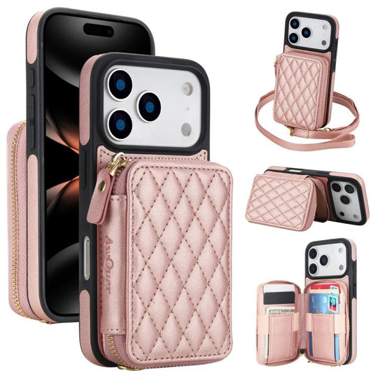 For iPhone 18 Pro Max / 17 Pro Max AwQuer Crossbody Zipper Wallet Rhombic Leather Back Phone Case(Rose Gold)
