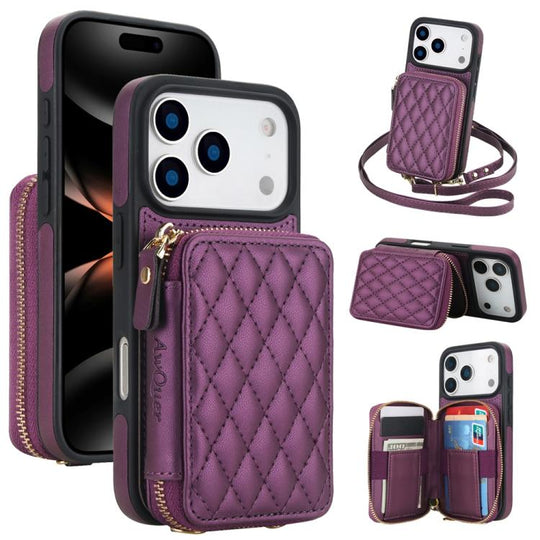 For iPhone 18 Pro Max / 17 Pro Max AwQuer Crossbody Zipper Wallet Rhombic Leather Back Phone Case(Dark Purple)