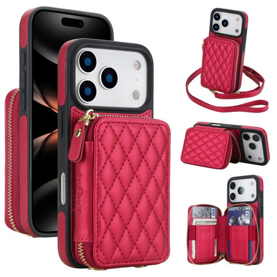 For iPhone 18 Pro / 17 Pro AwQuer Crossbody Zipper Wallet Rhombic Leather Back Phone Case(Red)