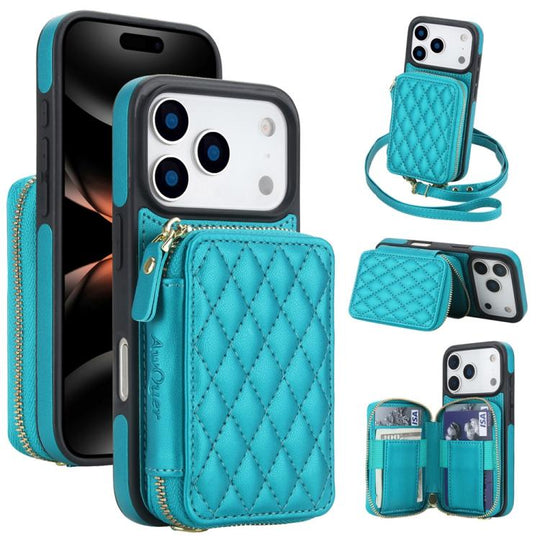 For iPhone 18 Pro / 17 Pro AwQuer Crossbody Zipper Wallet Rhombic Leather Back Phone Case(Green)