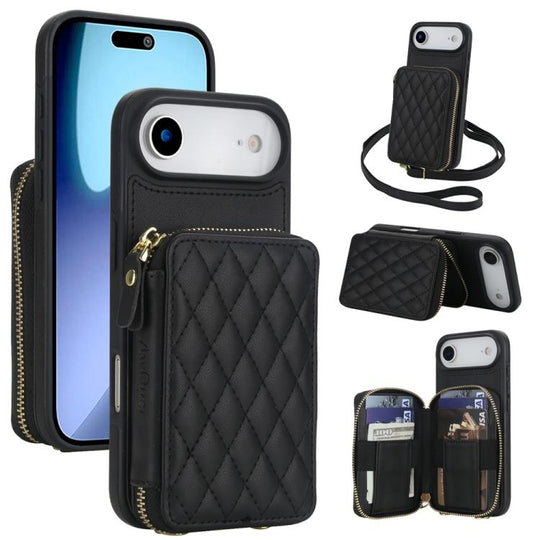 For iPhone Air AwQuer Crossbody Zipper Wallet Rhombic Leather Back Phone Case(Black)