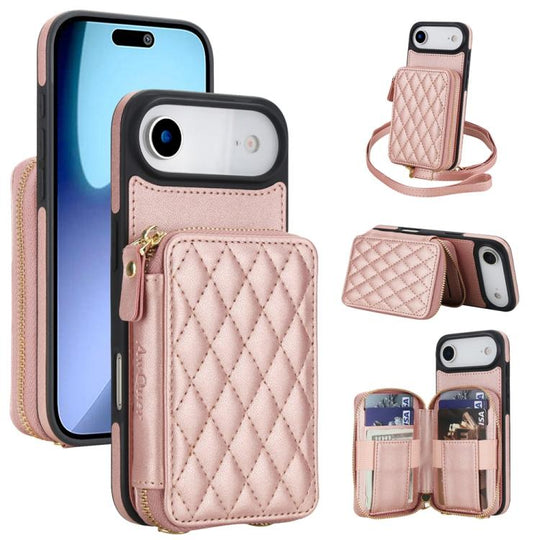 For iPhone Air AwQuer Crossbody Zipper Wallet Rhombic Leather Back Phone Case(Rose Gold)