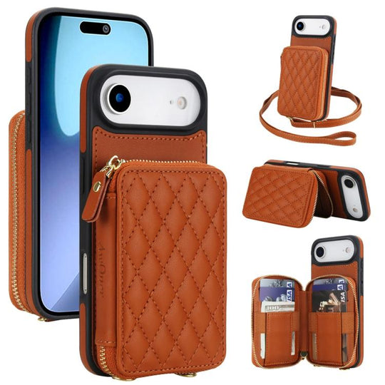 For iPhone Air AwQuer Crossbody Zipper Wallet Rhombic Leather Back Phone Case(Brown)