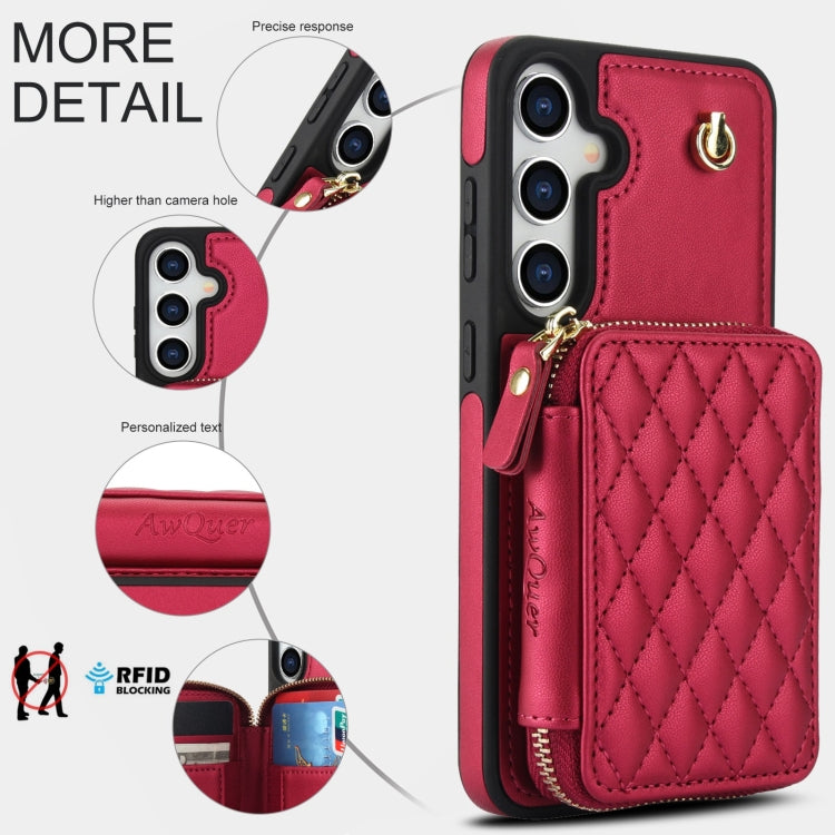 For Samsung Galaxy S24 5G AwQuer Crossbody Zipper Wallet Rhombic Leather Back Phone Case(Red) -  by Awquer | Online Shopping UK | buy2fix