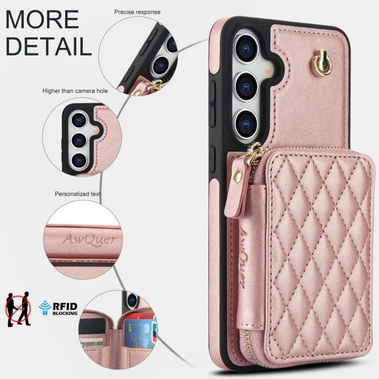 For Samsung Galaxy S24 5G AwQuer Crossbody Zipper Wallet Rhombic Leather Back Phone Case(Rose Gold) -  by Awquer | Online Shopping UK | buy2fix