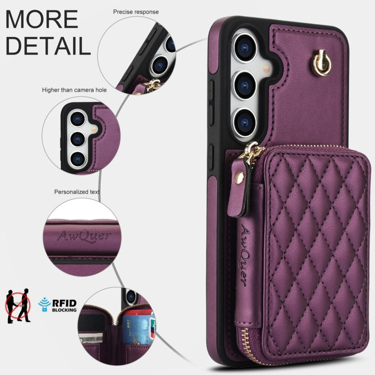 For Samsung Galaxy S24 5G AwQuer Crossbody Zipper Wallet Rhombic Leather Back Phone Case(Dark Purple) -  by Awquer | Online Shopping UK | buy2fix