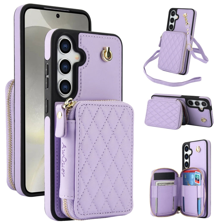 For Samsung Galaxy S24 5G AwQuer Crossbody Zipper Wallet Rhombic Leather Back Phone Case(Purple) -  by Awquer | Online Shopping UK | buy2fix
