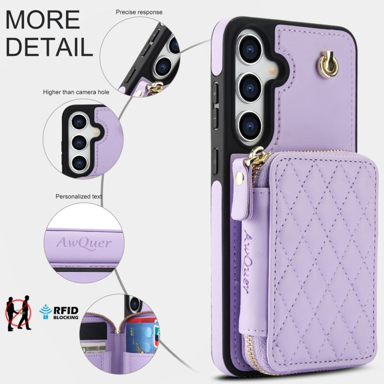 For Samsung Galaxy S24 5G AwQuer Crossbody Zipper Wallet Rhombic Leather Back Phone Case(Purple) -  by Awquer | Online Shopping UK | buy2fix