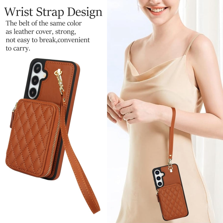 For Samsung Galaxy S24 5G AwQuer Crossbody Zipper Wallet Rhombic Leather Back Phone Case(Brown) -  by Awquer | Online Shopping UK | buy2fix