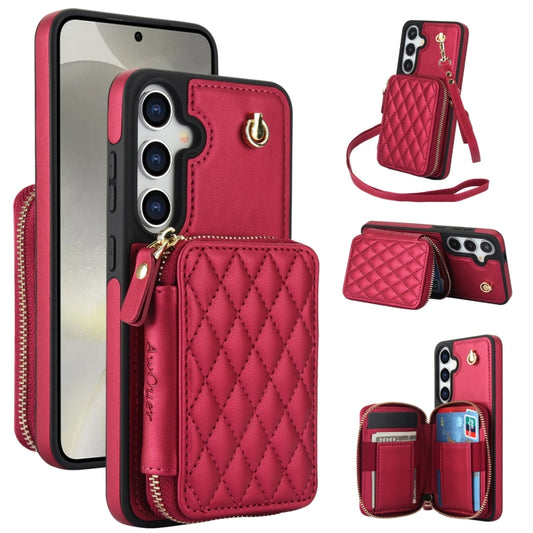 For Samsung Galaxy S24+ 5G AwQuer Crossbody Zipper Wallet Rhombic Leather Back Phone Case(Red) -  by Awquer | Online Shopping UK | buy2fix