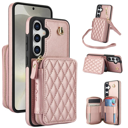 For Samsung Galaxy S24+ 5G AwQuer Crossbody Zipper Wallet Rhombic Leather Back Phone Case(Rose Gold) -  by Awquer | Online Shopping UK | buy2fix