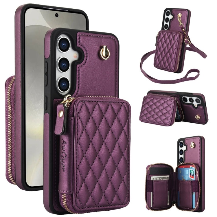 For Samsung Galaxy S24+ 5G AwQuer Crossbody Zipper Wallet Rhombic Leather Back Phone Case(Dark Purple) -  by Awquer | Online Shopping UK | buy2fix