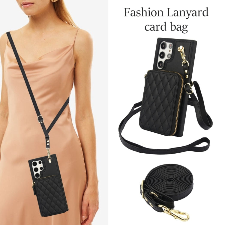 For Samsung Galaxy S24 Ultra 5G AwQuer Crossbody Zipper Wallet Rhombic Leather Back Phone Case(Black) - Galaxy S24 Ultra 5G Cases by Awquer | Online Shopping UK | buy2fix