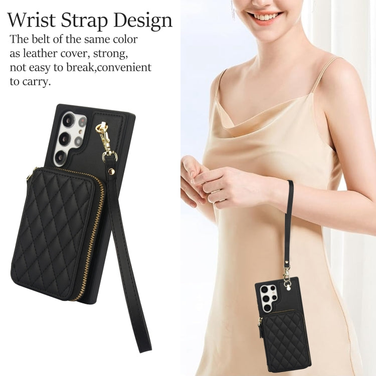 For Samsung Galaxy S24 Ultra 5G AwQuer Crossbody Zipper Wallet Rhombic Leather Back Phone Case(Black) - Galaxy S24 Ultra 5G Cases by Awquer | Online Shopping UK | buy2fix