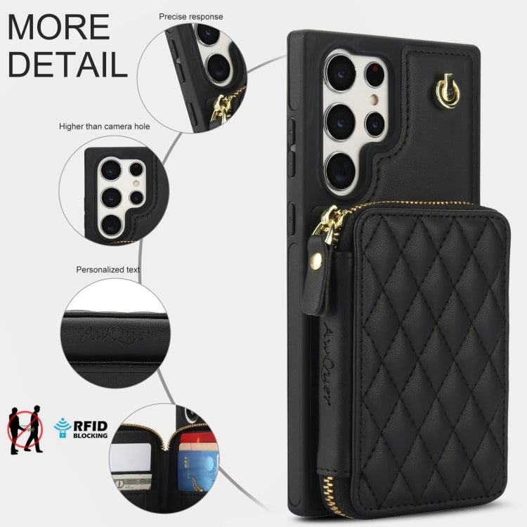 For Samsung Galaxy S24 Ultra 5G AwQuer Crossbody Zipper Wallet Rhombic Leather Back Phone Case(Black) - Galaxy S24 Ultra 5G Cases by Awquer | Online Shopping UK | buy2fix