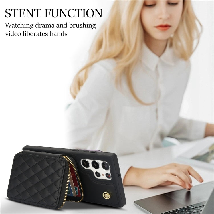 For Samsung Galaxy S24 Ultra 5G AwQuer Crossbody Zipper Wallet Rhombic Leather Back Phone Case(Black) - Galaxy S24 Ultra 5G Cases by Awquer | Online Shopping UK | buy2fix