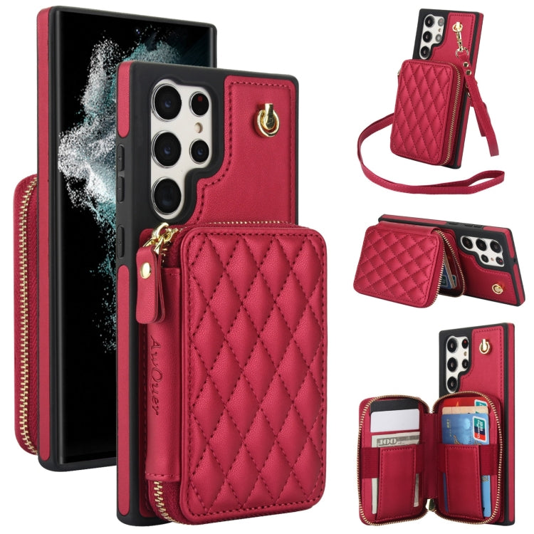 For Samsung Galaxy S24 Ultra 5G AwQuer Crossbody Zipper Wallet Rhombic Leather Back Phone Case(Red) - Galaxy S24 Ultra 5G Cases by Awquer | Online Shopping UK | buy2fix