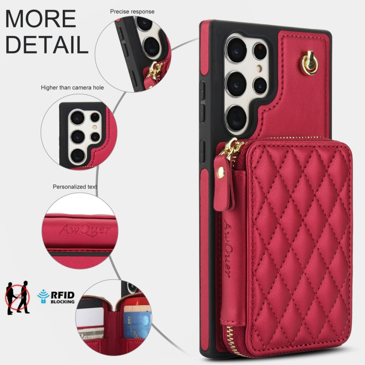 For Samsung Galaxy S24 Ultra 5G AwQuer Crossbody Zipper Wallet Rhombic Leather Back Phone Case(Red) - Galaxy S24 Ultra 5G Cases by Awquer | Online Shopping UK | buy2fix