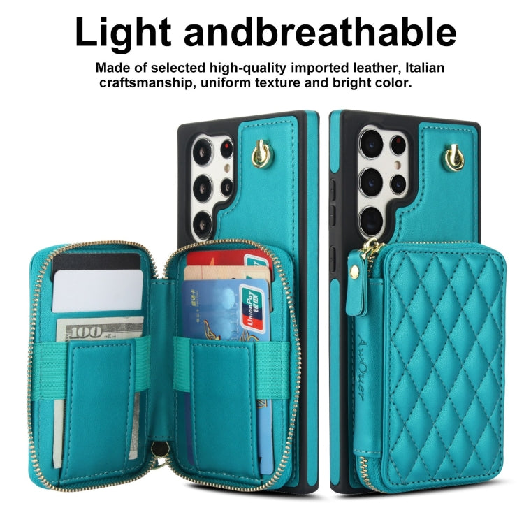 For Samsung Galaxy S24 Ultra 5G AwQuer Crossbody Zipper Wallet Rhombic Leather Back Phone Case(Green) - Galaxy S24 Ultra 5G Cases by Awquer | Online Shopping UK | buy2fix