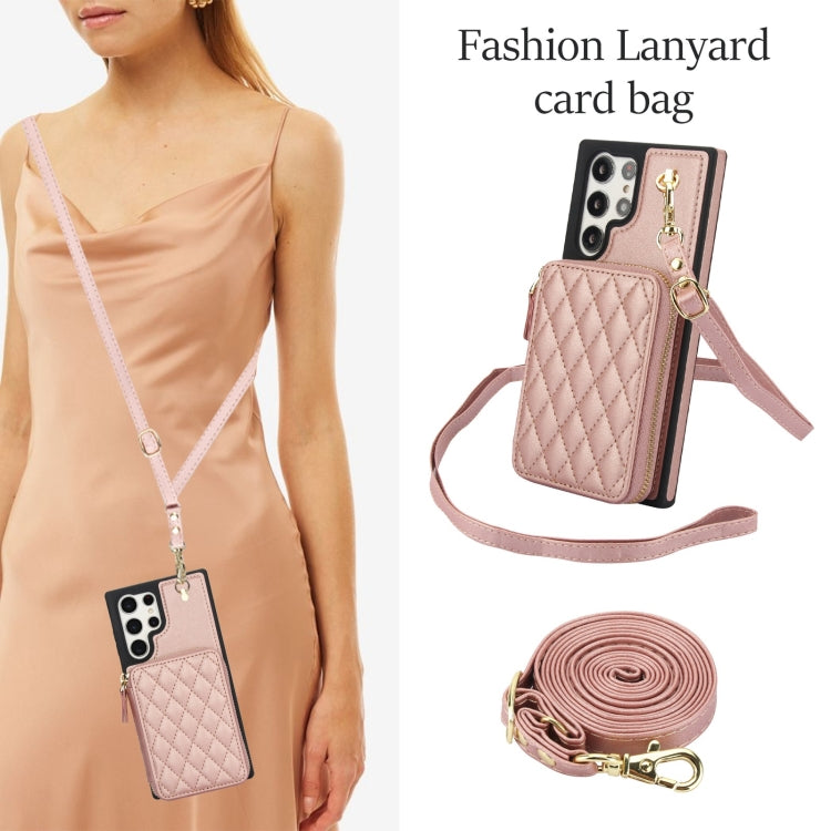 For Samsung Galaxy S24 Ultra 5G AwQuer Crossbody Zipper Wallet Rhombic Leather Back Phone Case(Rose Gold) - Galaxy S24 Ultra 5G Cases by Awquer | Online Shopping UK | buy2fix
