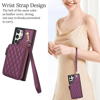 For Samsung Galaxy S24 Ultra 5G AwQuer Crossbody Zipper Wallet Rhombic Leather Back Phone Case(Dark Purple) - Galaxy S24 Ultra 5G Cases by Awquer | Online Shopping UK | buy2fix